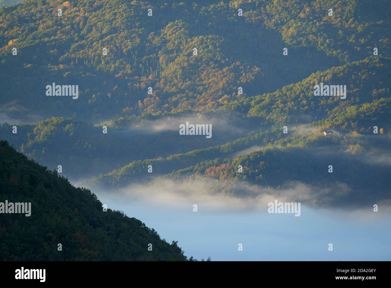 the Aniene valley in the fog seen from Cervara di Roma Stock Photo