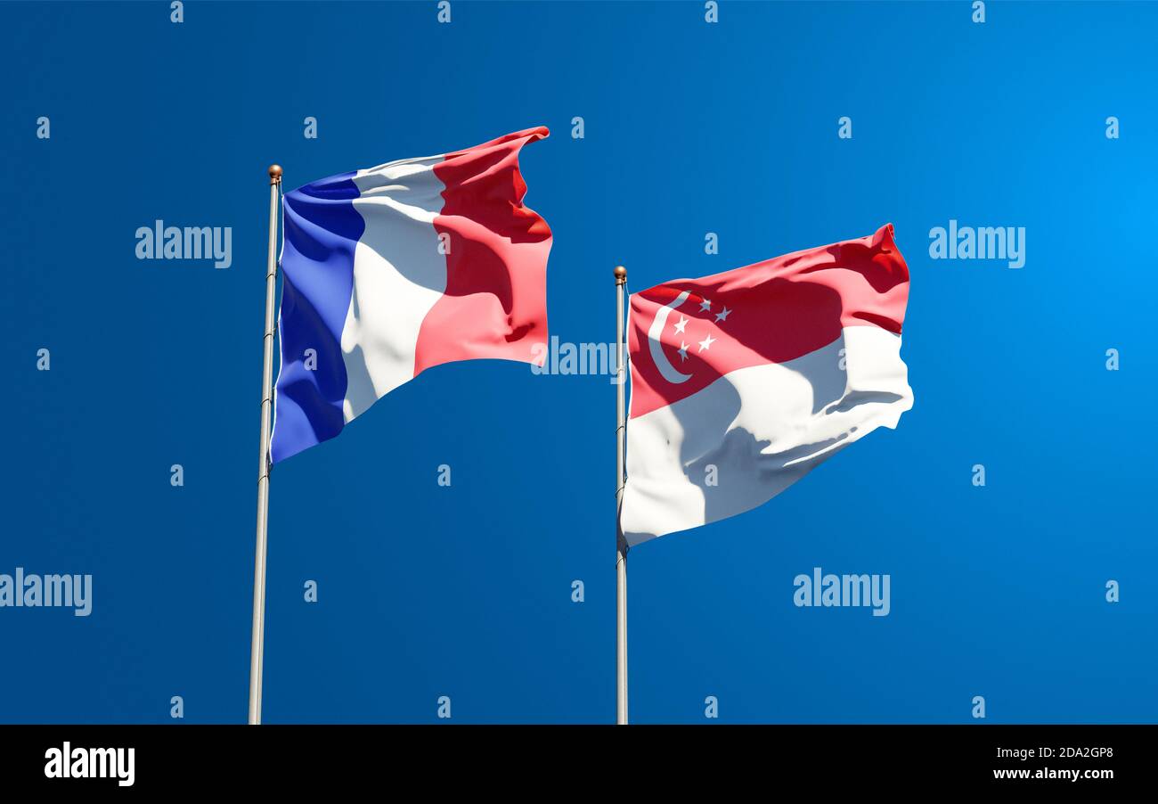 Beautiful national state flags of France and Singapore together at the sky background. 3D