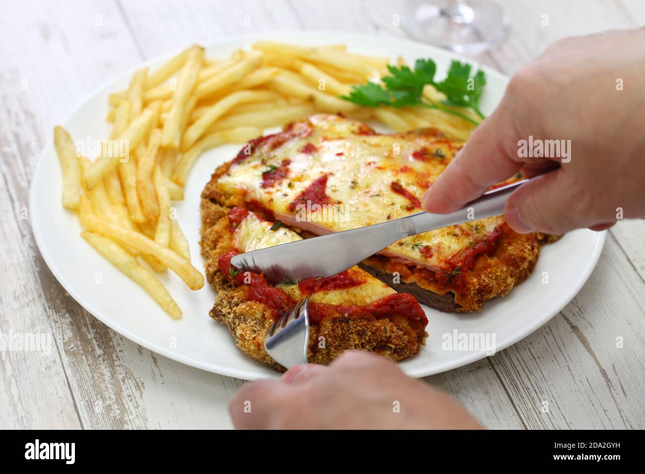 milanesa a la napolitana, Argentina breaded beef cutlet with mozzarella cheese & tomato sauce Stock Photo