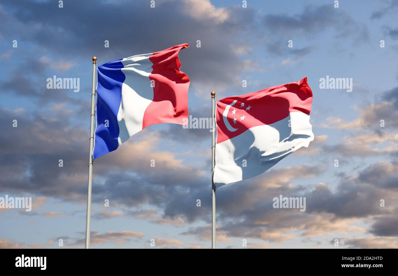 Beautiful national state flags of France and Singapore together at the sky background. 3D