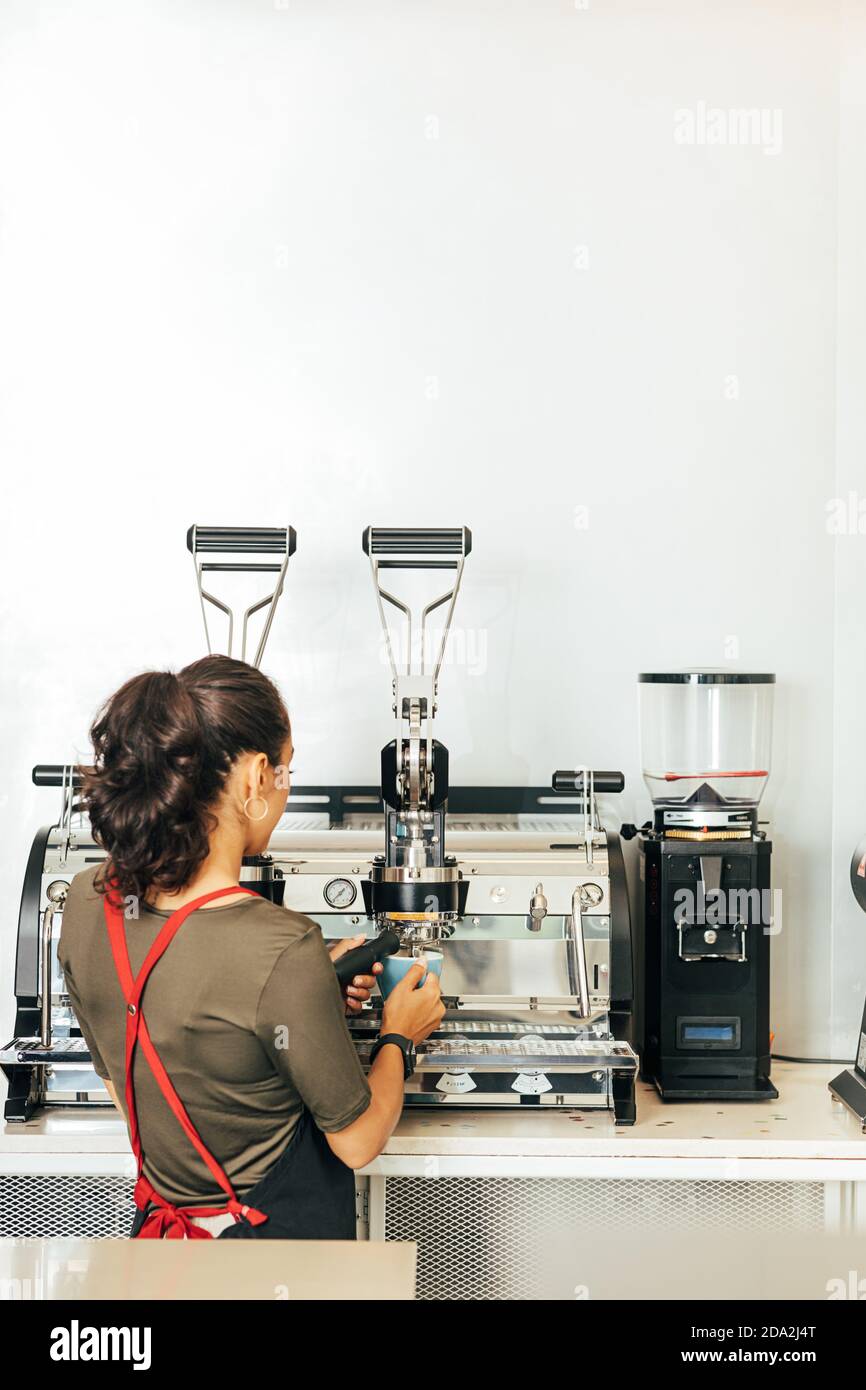 bearded barista in apron using shaker while working near coffee machine in  coffee shop Stock Photo by LightFieldStudios