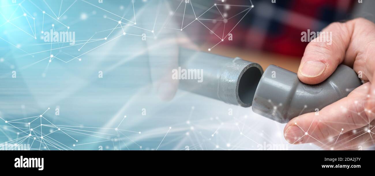 Plumber joining pvc pipe and fitting; panoramic banner Stock Photo Alamy