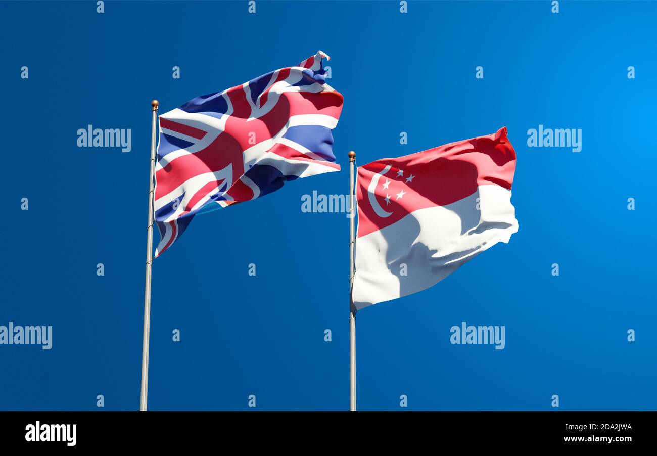 Beautiful national state flags of UK and Singapore together at the sky background. 3D artwork concept. Stock Photo