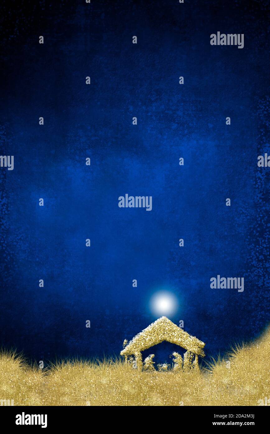 Christmas Nativity Scene greetings cards, abstract freehand drawing of Nativity scene with golden glitter on blue paper background with blank, vertica Stock Photo