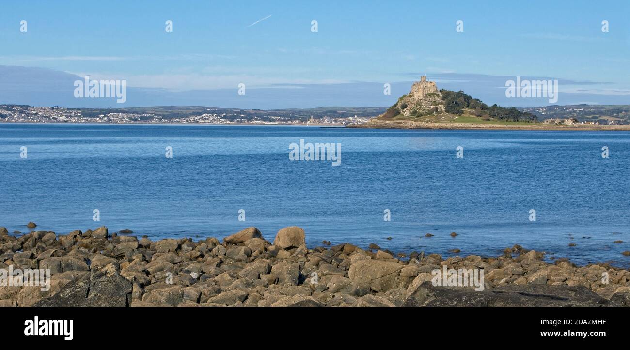 Mount's Bay with St Michael's Mount, Newlyn and Penzance on a fine summer's morning, Cornwall, England, UK. Stock Photo