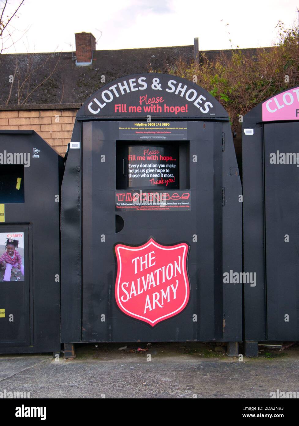 A Salvation Army collection point for donations of clothing and shoes for those in need. Stock Photo