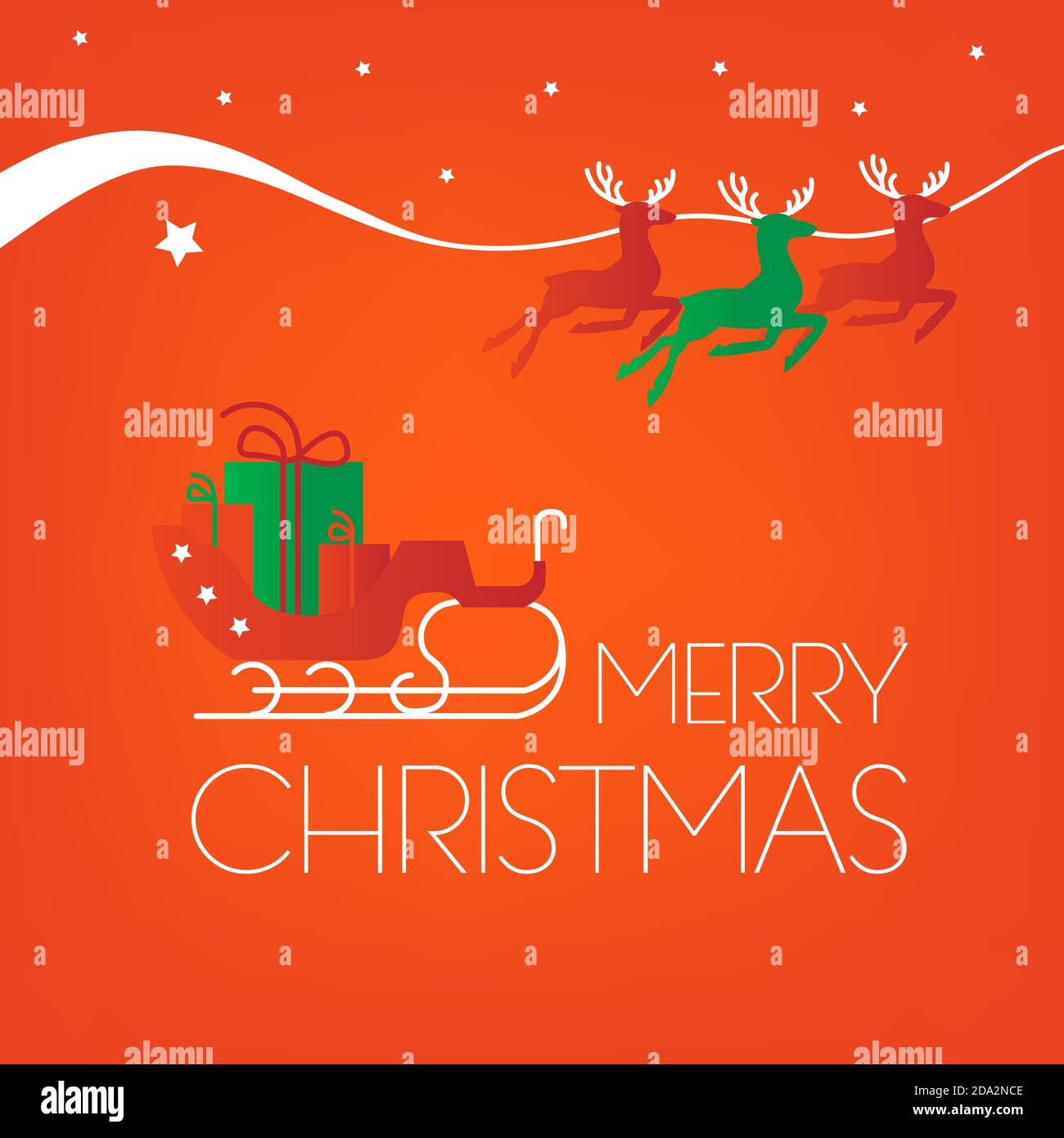 Santa Sleigh and Reindeer, Merry Christmas text on square red background, vector illustration Stock Vector