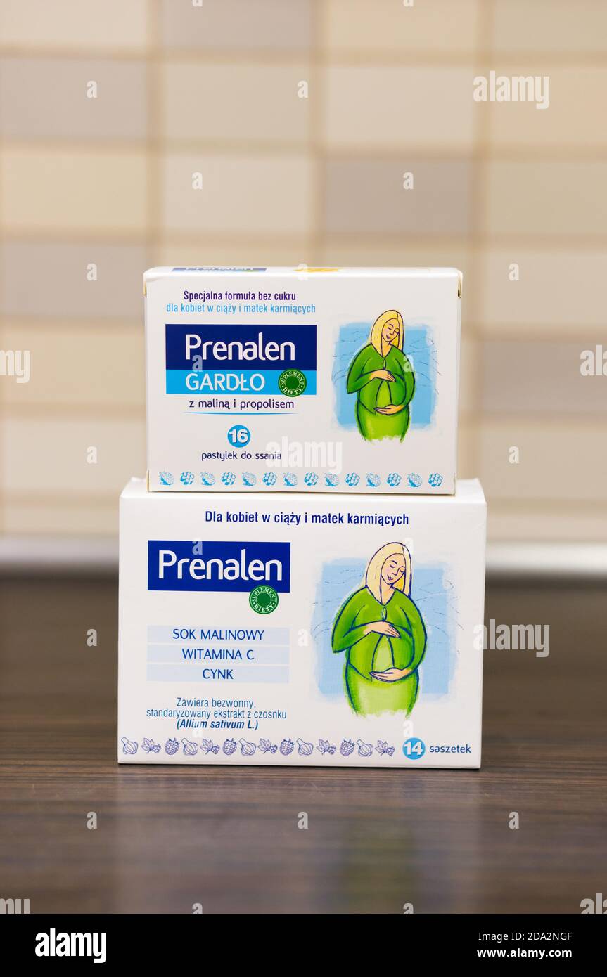 POZNAN, POLAND - Apr 18, 2017: Prenalen medicine against throat pain for  pregnant women in a box Stock Photo - Alamy