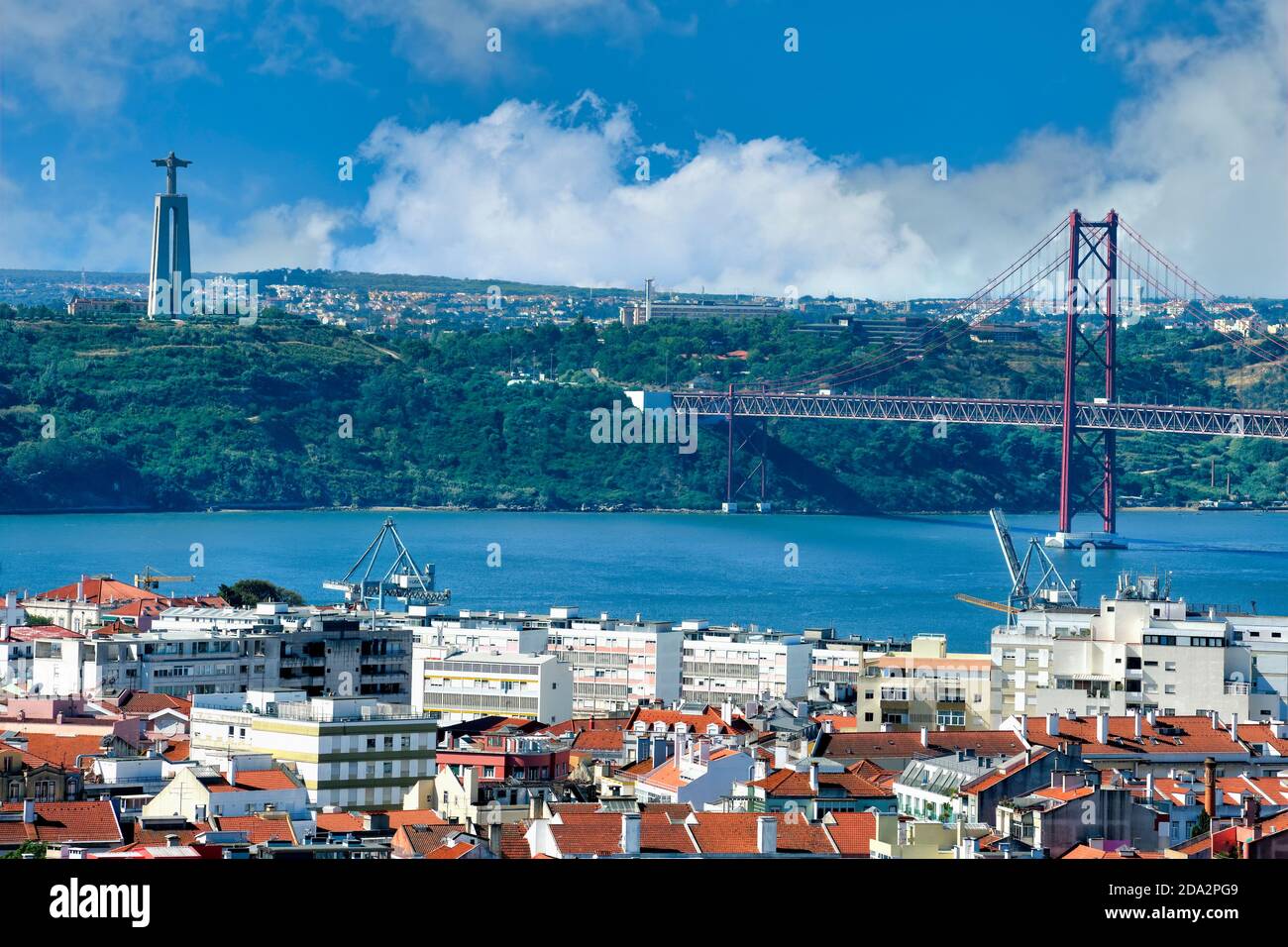 Panorama over Lisbon and 25th April Bridge, Lisbon, Portugal Stock Photo