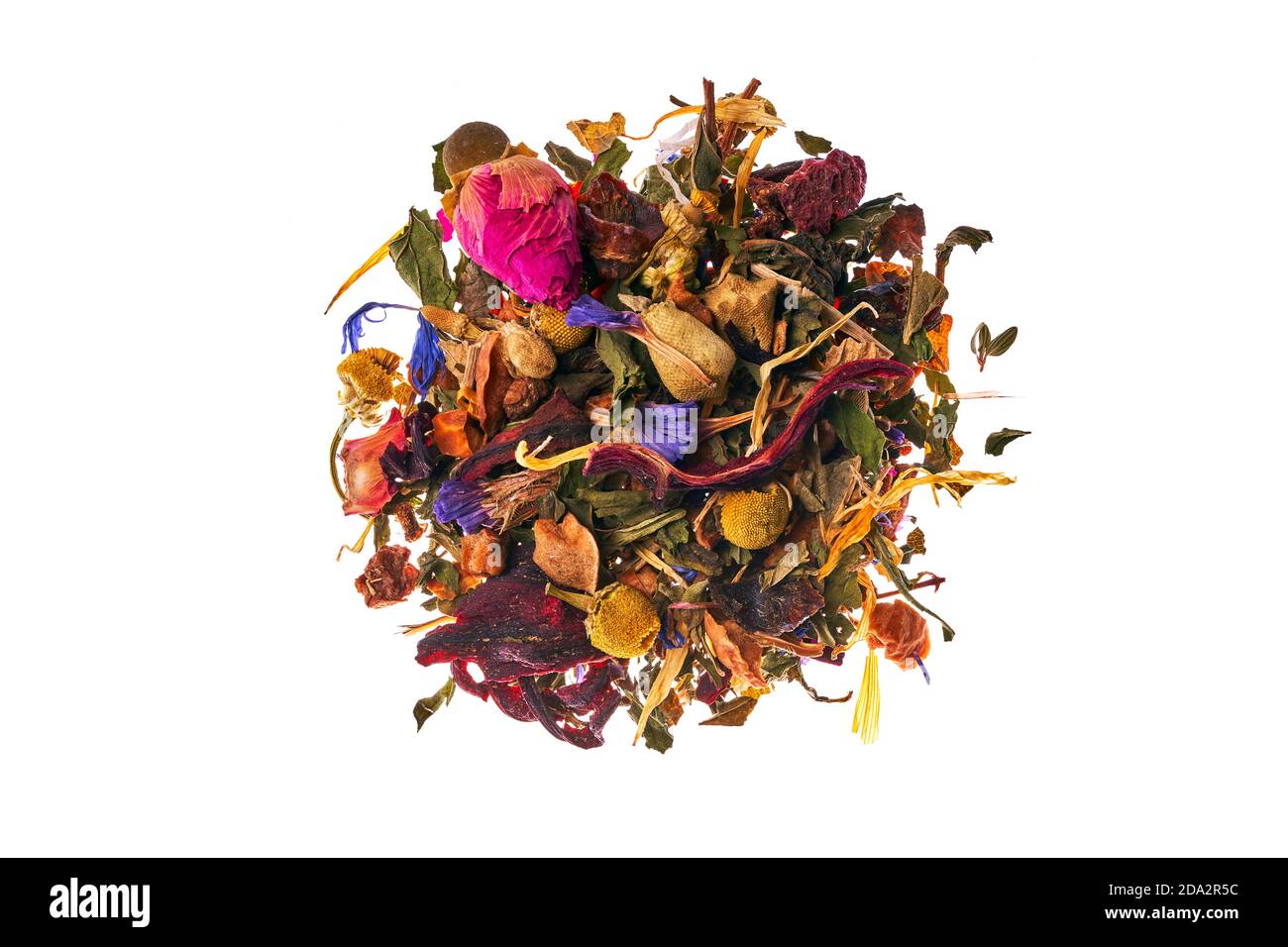 Tea from Alpine herbs, currant leaves, peel rose hips, chamomile flowers, Alpine rose petals, calendula, mint, thyme and forget-me-not flowers Stock Photo