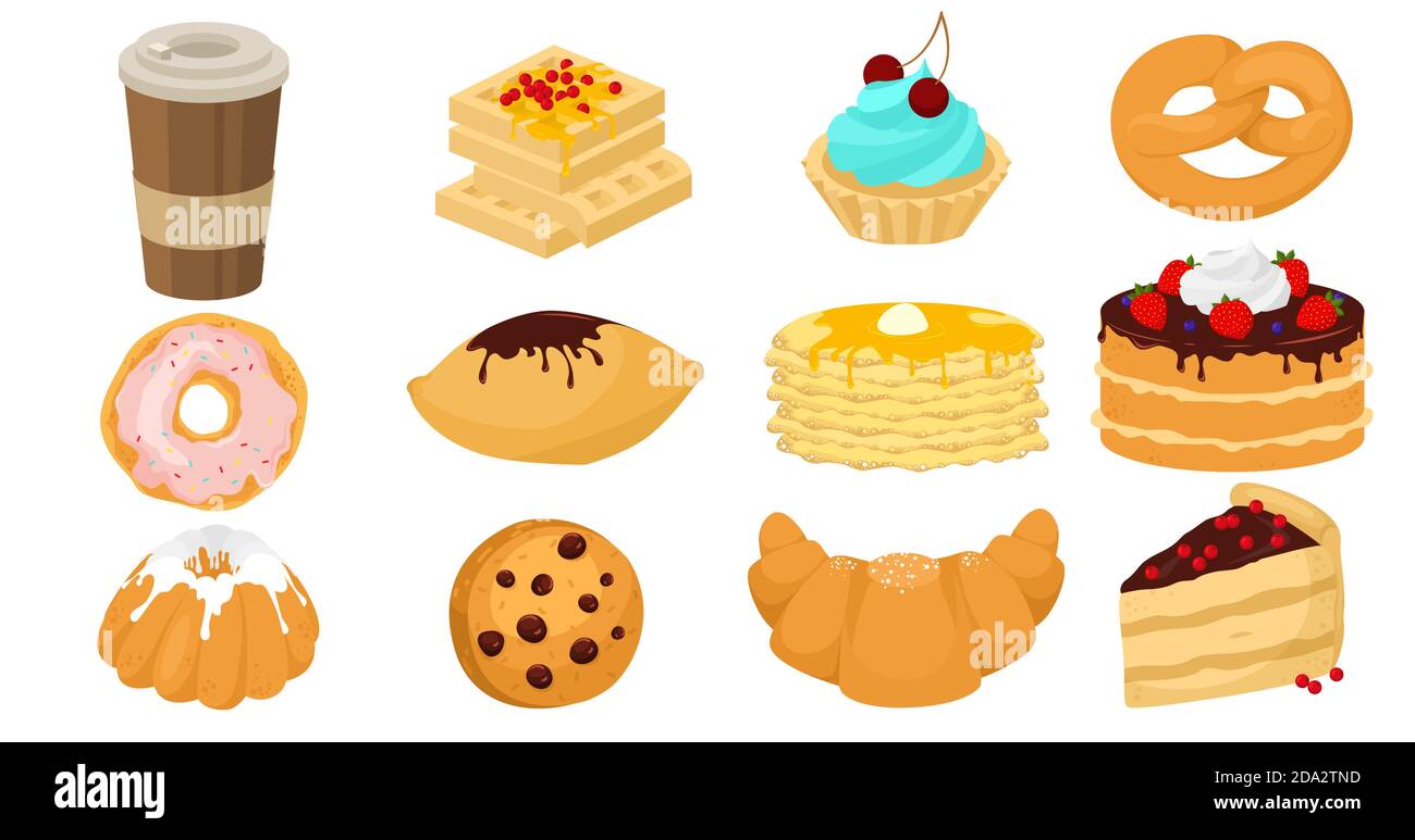 Yummy sweet dessert set, flat vector illustration. Pastry shop ...