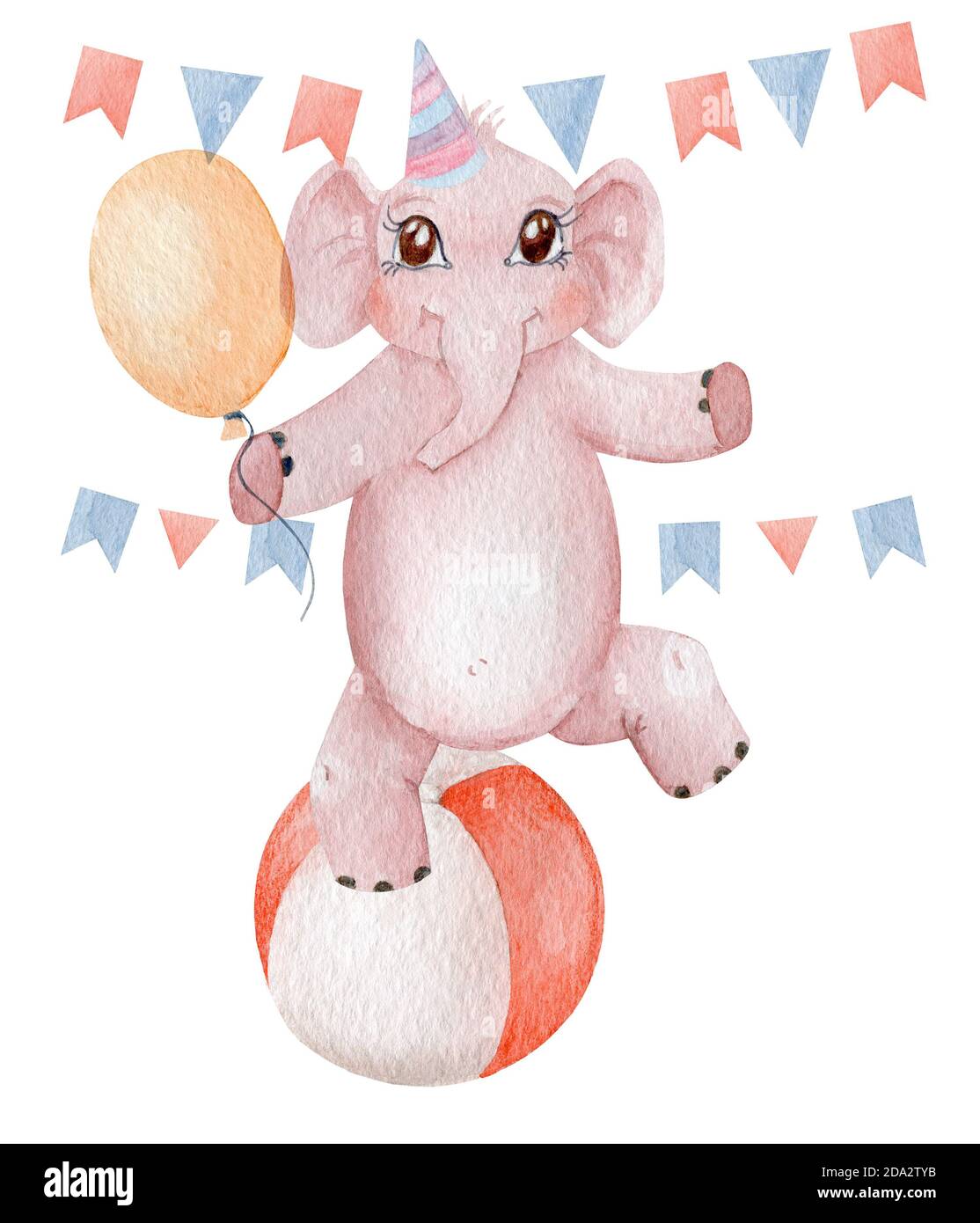 Children party invitation theme. Hand painted pink elephant isolated on white background. Stock Photo