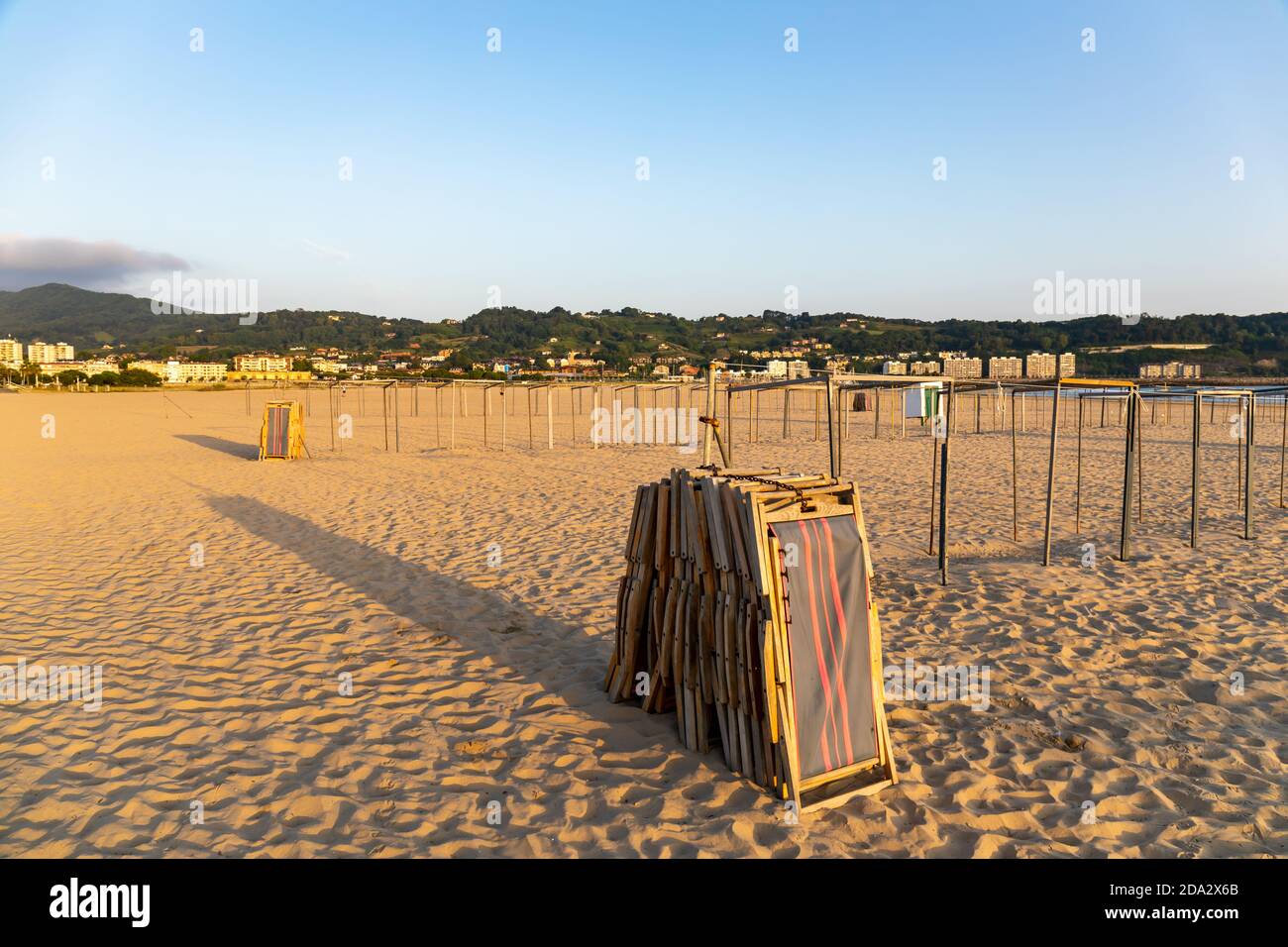 Beach chairs in Hendaye beach, Basque Country, France Stock Photo