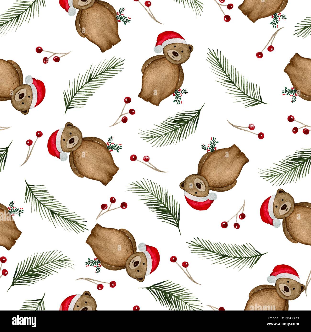 Christmas holiday background, seamless repeat pattern with watercolor Christmas  teddy bear, fir tree and berries, cartoon Christmas and winter holiday  Stock Photo - Alamy