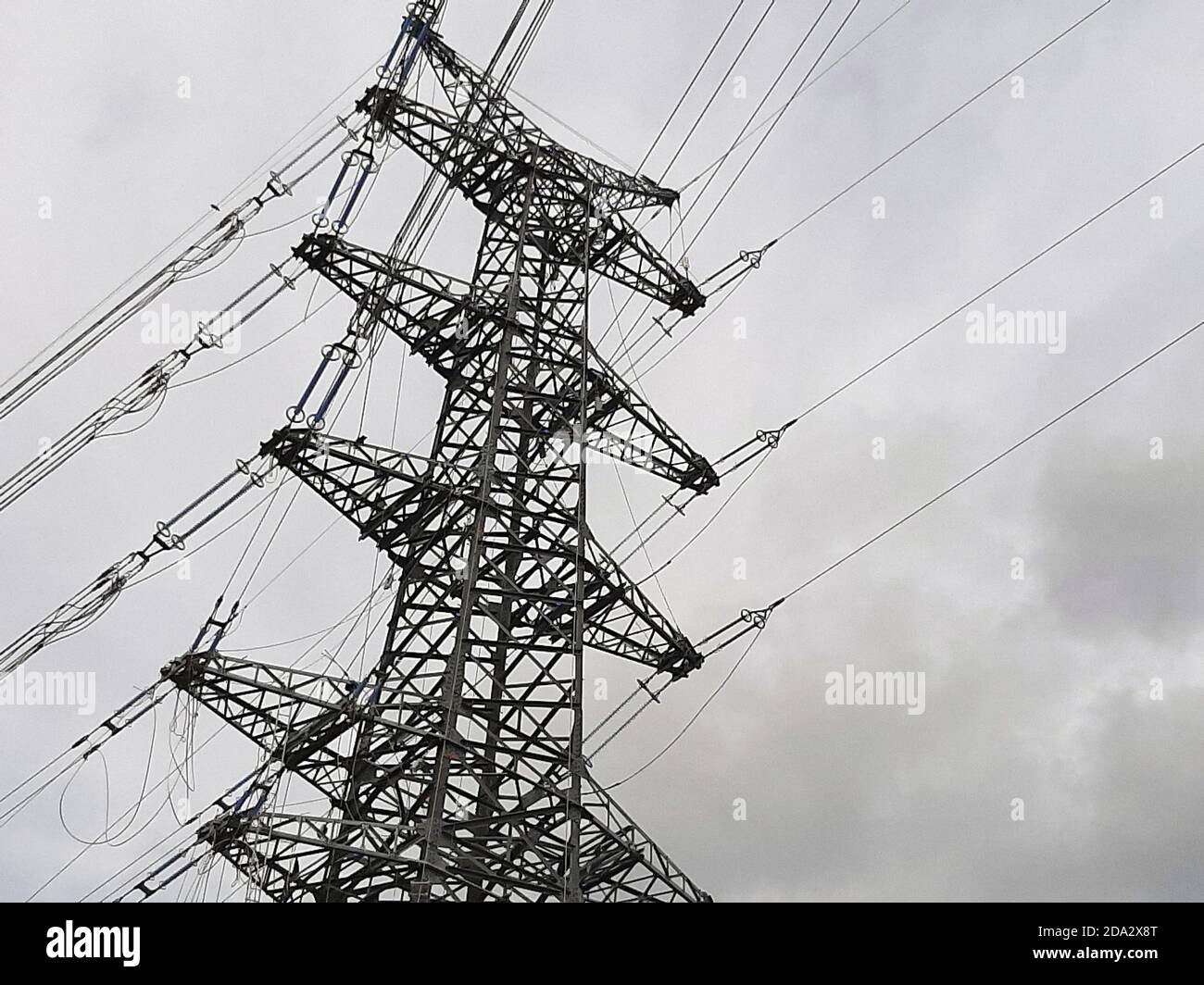 high-voltage pole of a new 380kV-transmission line, version Danube, Germany Stock Photo