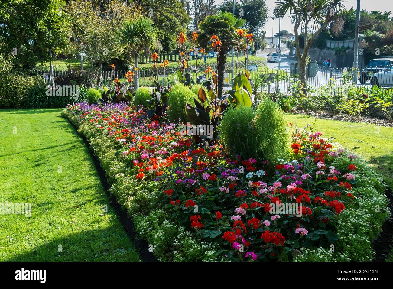 A pretty decorative flower bed in Trenance Gardens in Newquay in Cornwall. Stock Photo