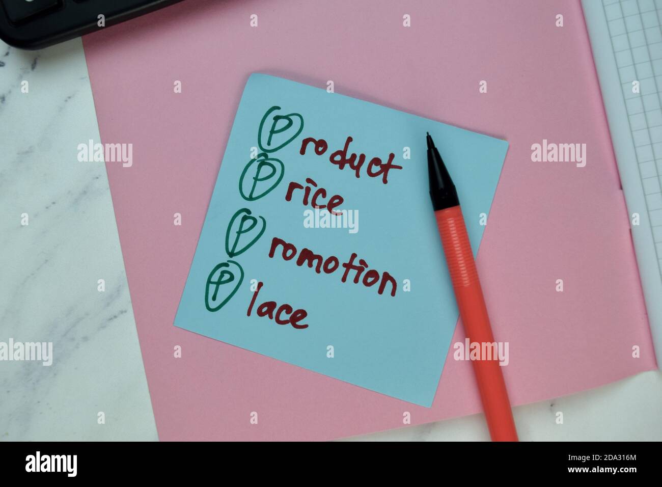 PPPP - Product Price Promotion Place write on sticky note isolated on Wooden Table. Business concept Stock Photo