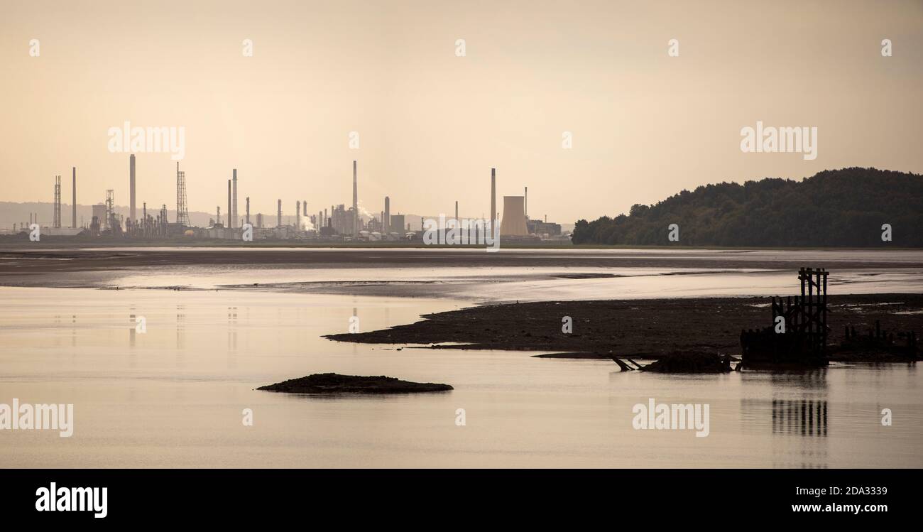 UK, England, Cheshire, Eastham, panoramic view east from jetty towards Stanlow oil refinery and Manchester Ship Canal locks on River Mersey Stock Photo
