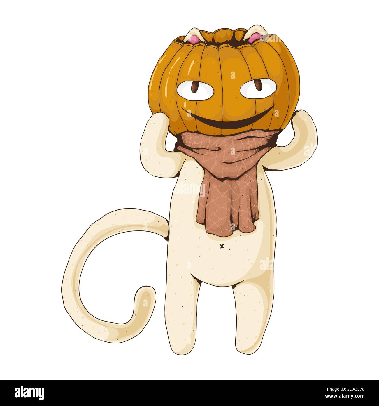 White cat with pumpkin head and cute cozy scarf. Vector cartoon ...