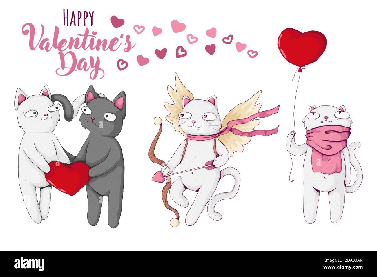 Collection of cute white and black cats in cartoon style. Vector illustration. Set of St Valentine's Day concepts. Text Happy Valentine's day. Best fo Stock Vector