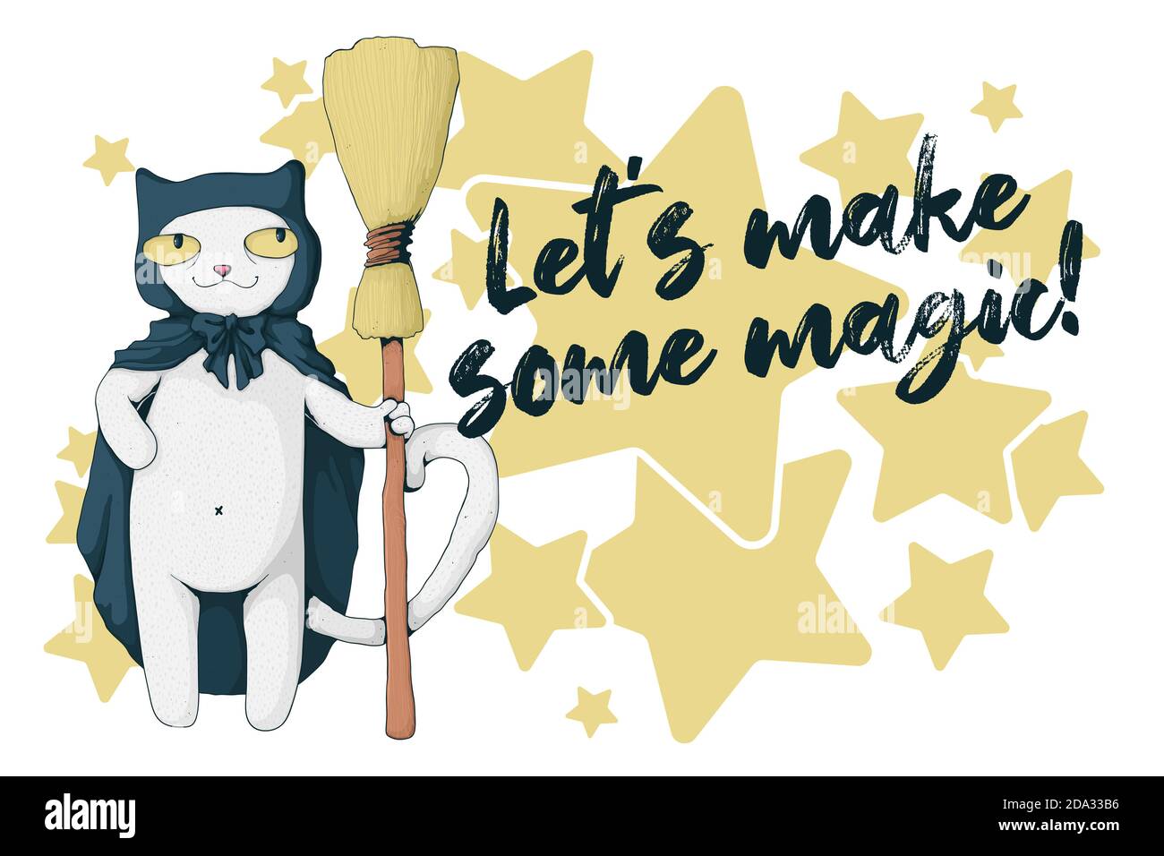 White cat with witch cloak and broom. Text Let's make some magic. Halloween card concept. Vector cartoon illustration. Best for print, textile and web Stock Vector
