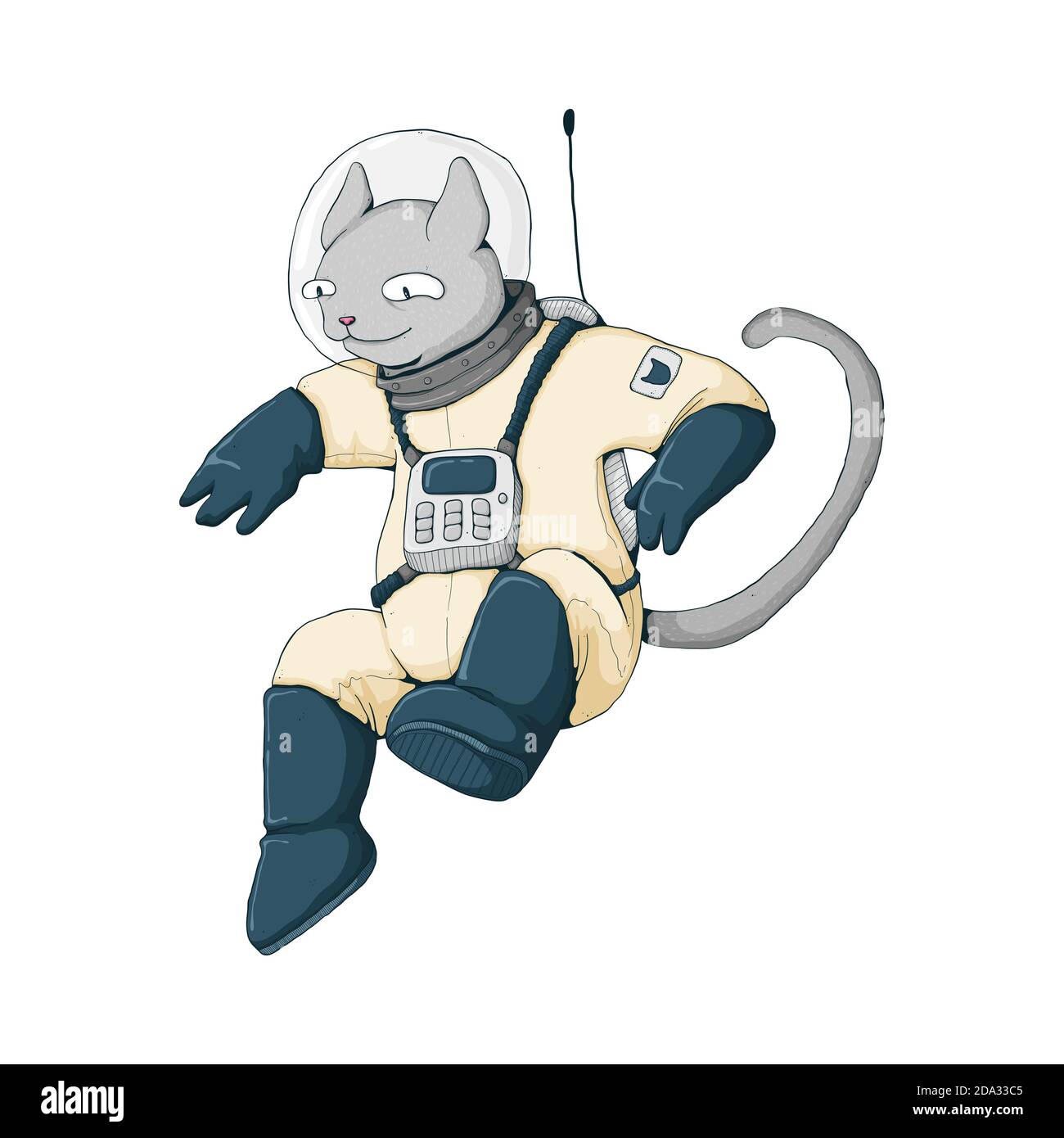 Cute jumping grey cat in space suit. Vector cartoon illustration. Isolated on white background. Best for print, textile and web design. Stock Vector