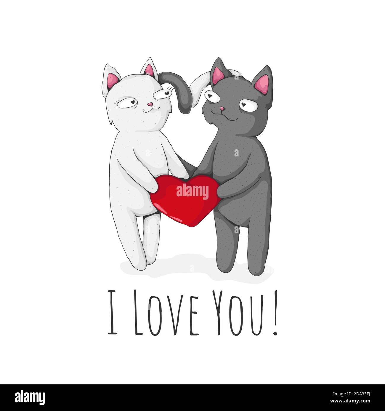 Two cute cat holding red heart with text i love you. St ...