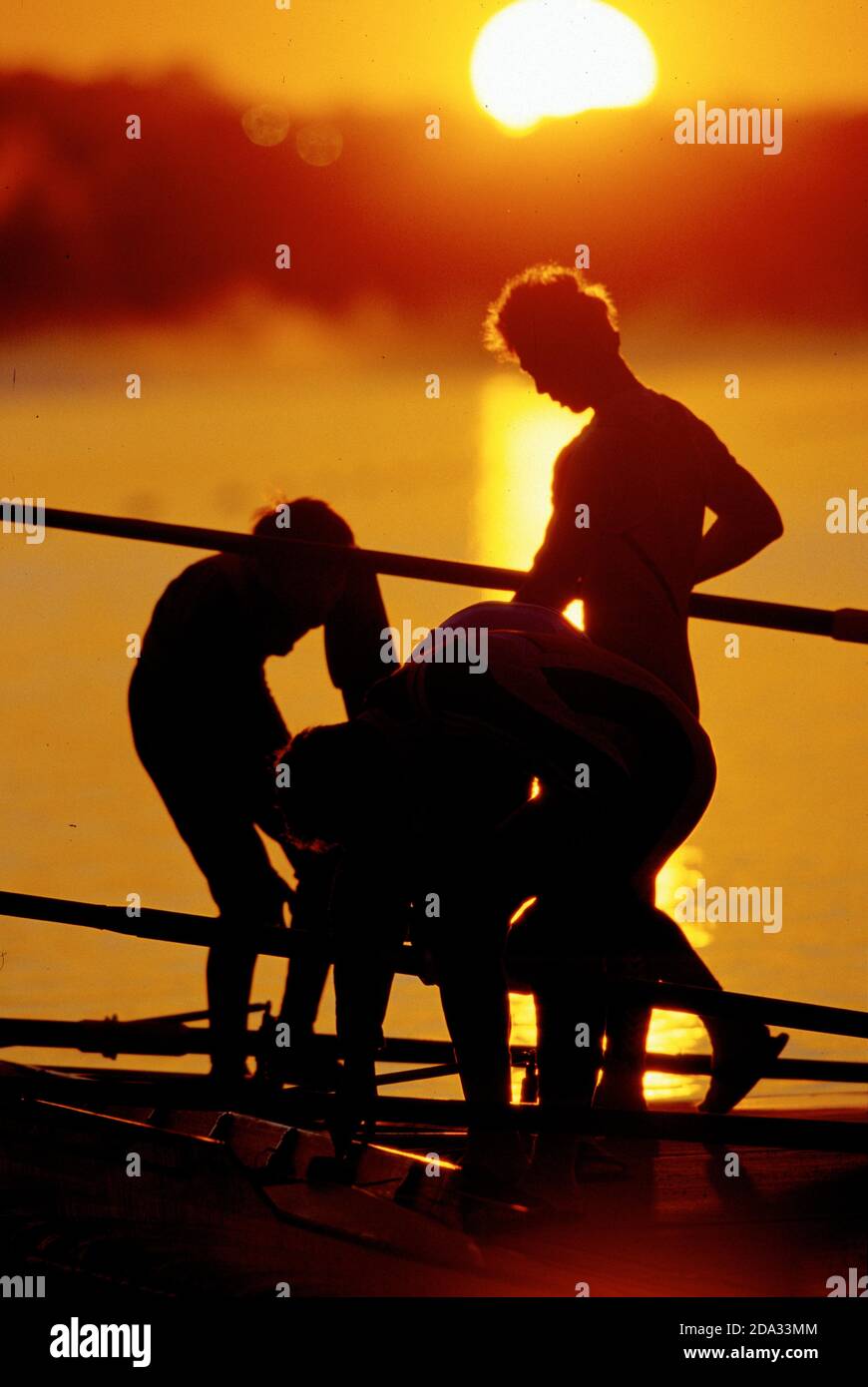 Sydney, AUSTRALIA, Sun Rise, Athletes boating on the training lake, early morning session, 2000 Olympic Regatta, Sydney International Rowing Centre, Penrith Lakes. NSW., Credit, © Pete Spurrier, Stock Photo