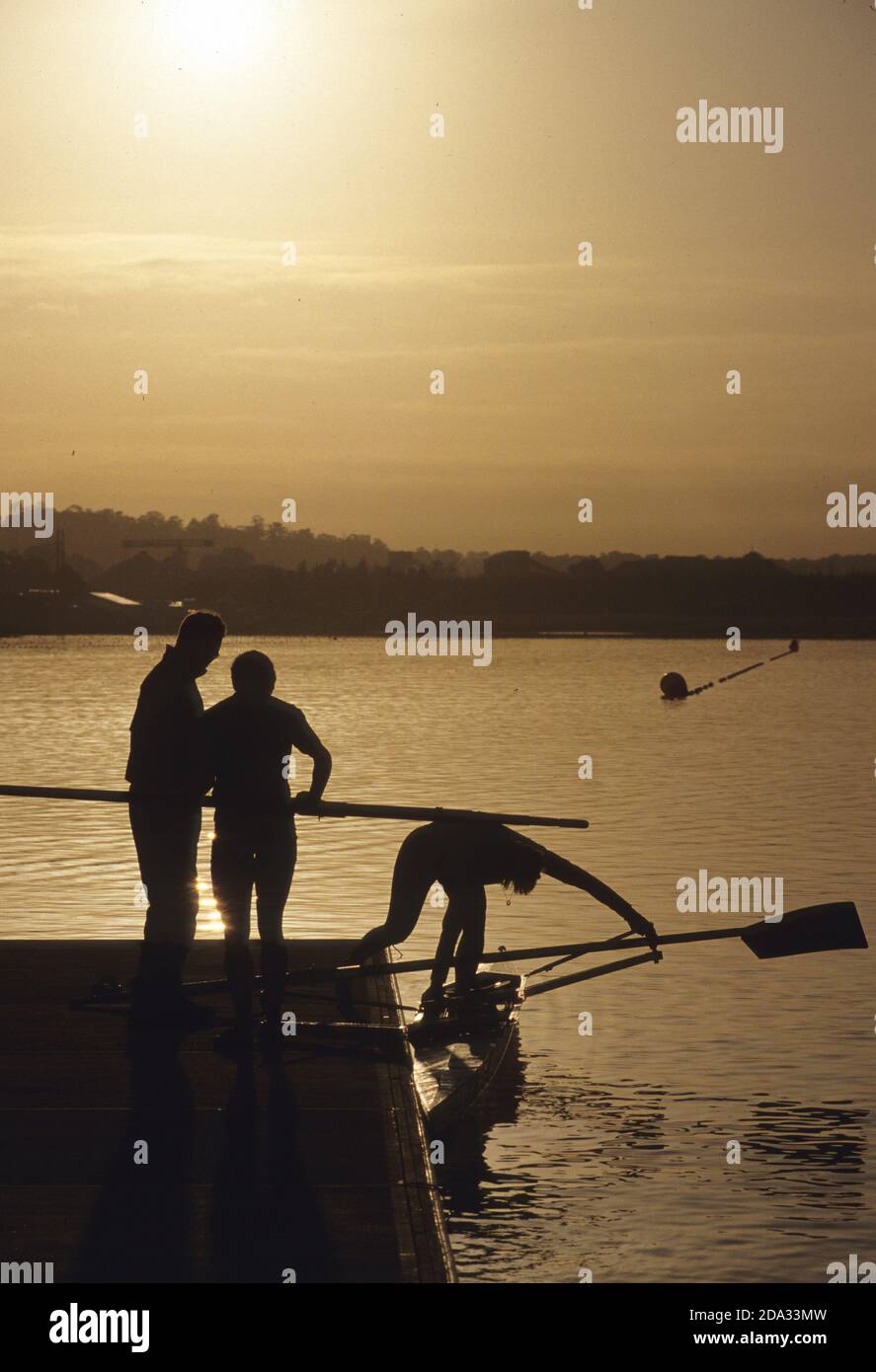 Sydney, AUSTRALIA, Sun Rise, Athletes, Coach boating, training lake, early morning session, 2000 Olympic Regatta, Sydney International Rowing Centre, Penrith Lakes. NSW., Credit, © Pete Spurrier, Stock Photo