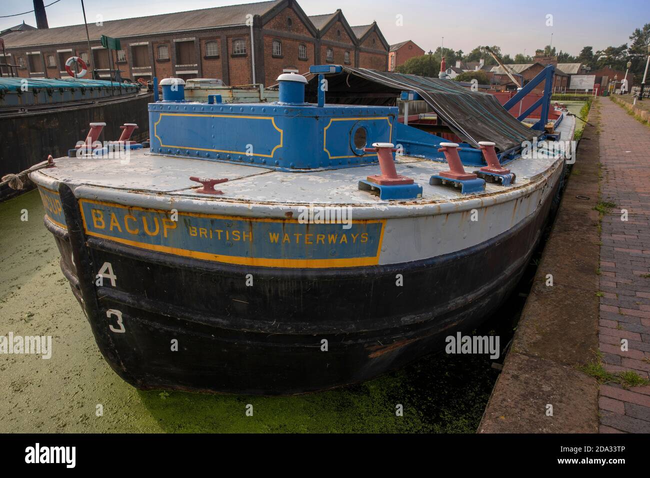 UK, England, Cheshire, Ellesmere Port, National Waterways Museum, Upper Basin, Bacup British Waterways board barge Stock Photo