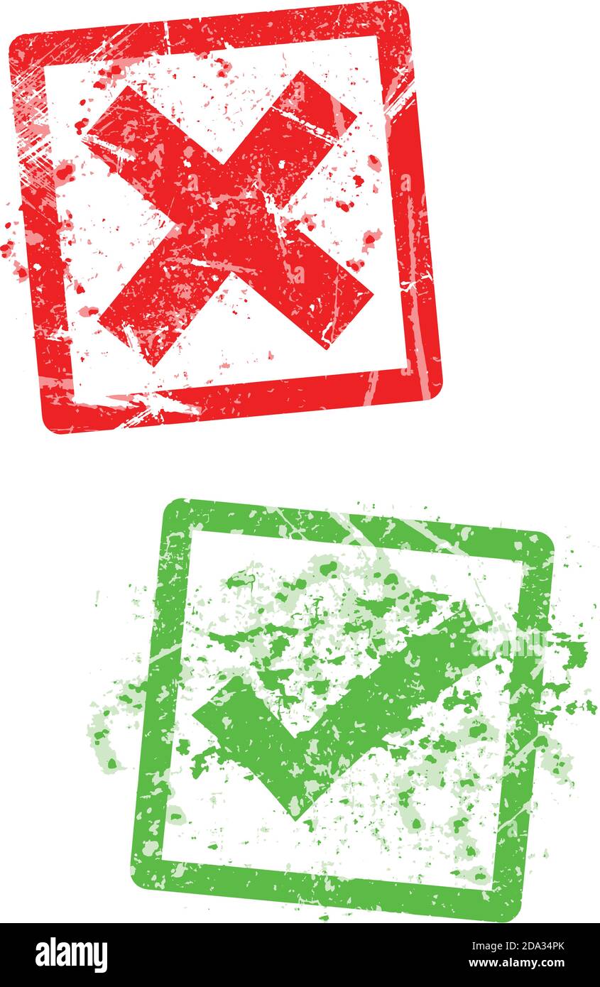 red x and green check mark, grungy rubber stamp. Stock Vector