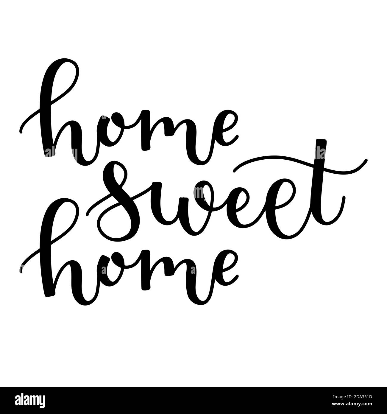 Home sweet home phrase hand drawn script lettering ink in black isolated on white background. Bounce calligraphy brush lettering vector illustration. Stock Vector