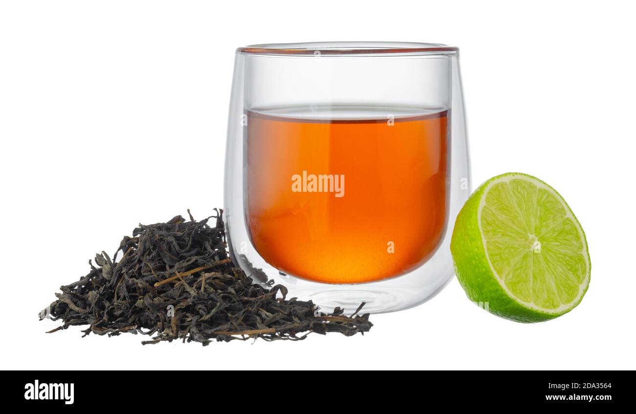 Glass cup of black tea with bergamot isolated on white Stock Photo Alamy