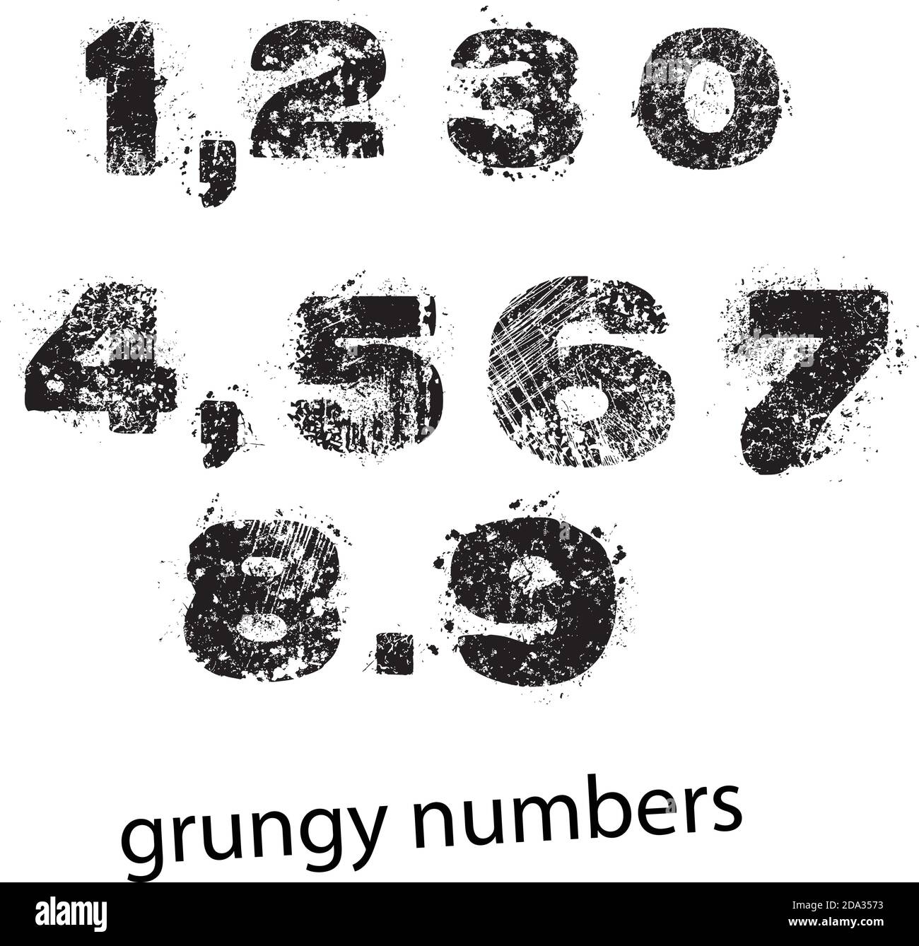 Set of grunge numbers with full stop and comma. Vector illustration. Stock Vector