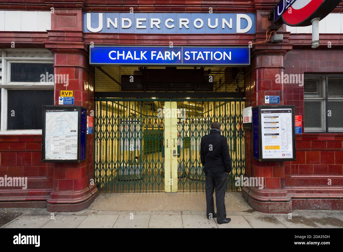 Passengers arriving at Chalk Farm station Northern Line, to find it closed  on the first morning of 48‑hour Tube strike. The strike was called by RMT  and TSSA unions as protest against