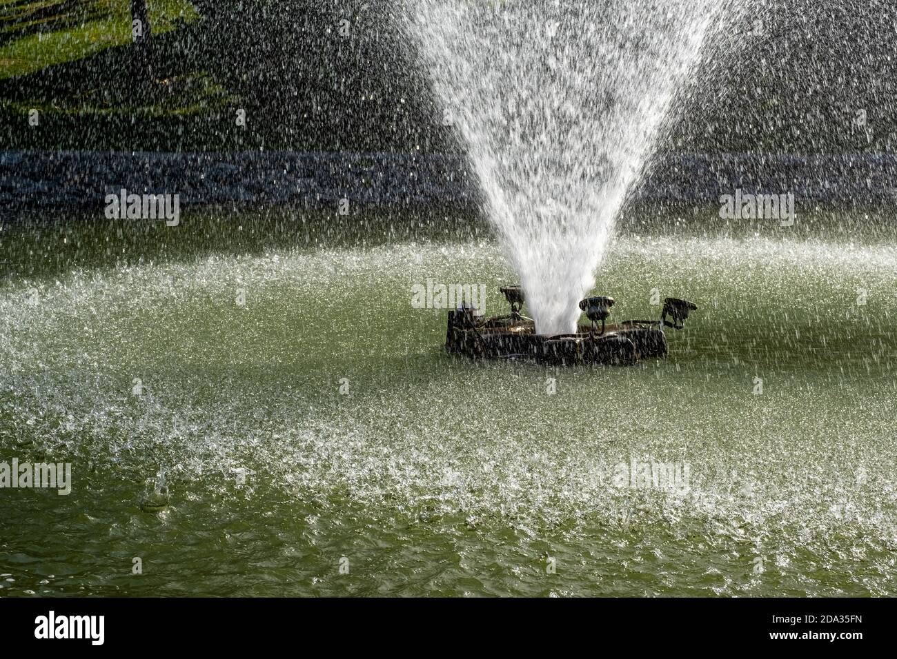 View of a water fountain spraying water in a pond in a public park. Stock Photo