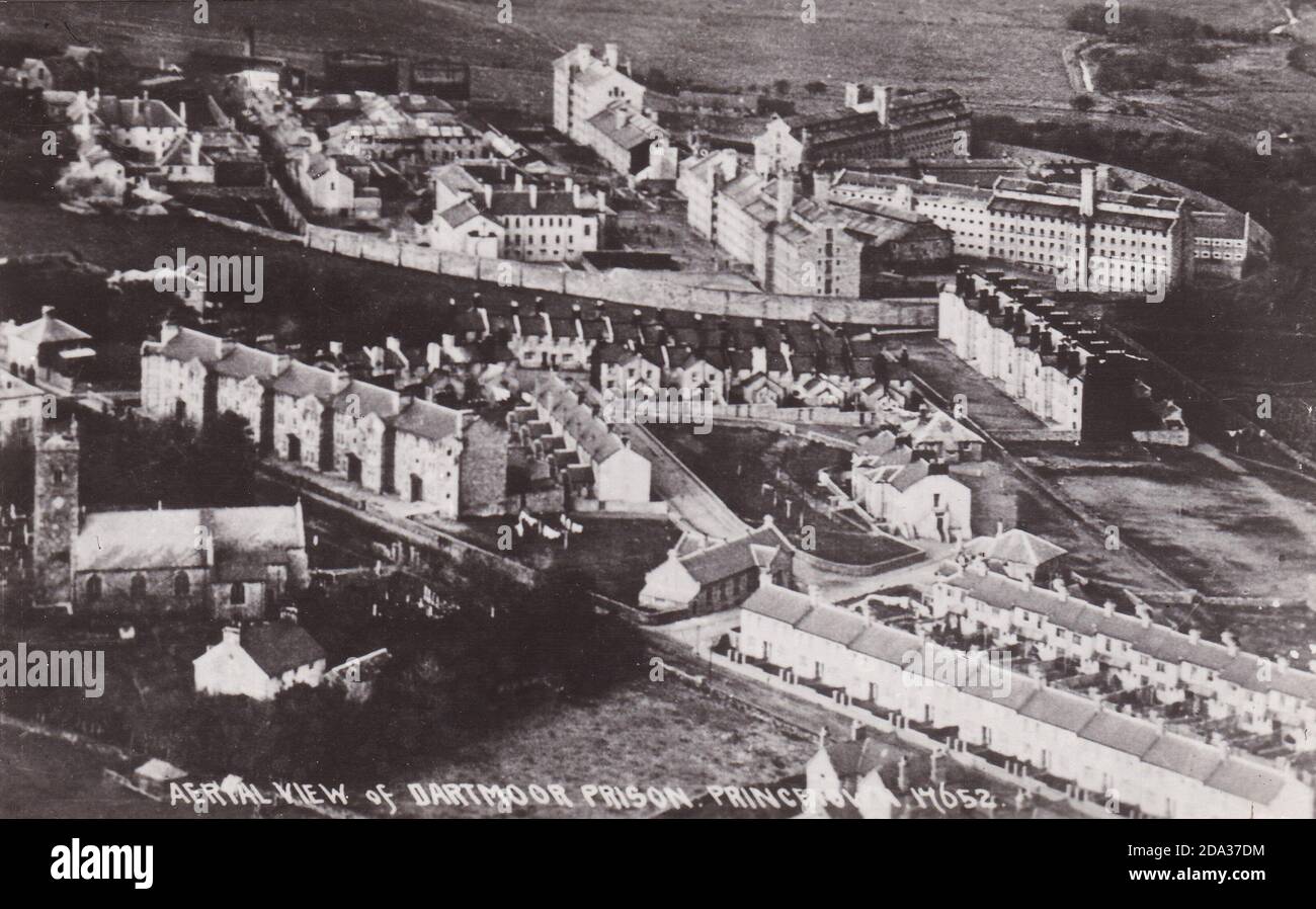 Vintage black and white postcard of aerial view of Dartmoor Prison