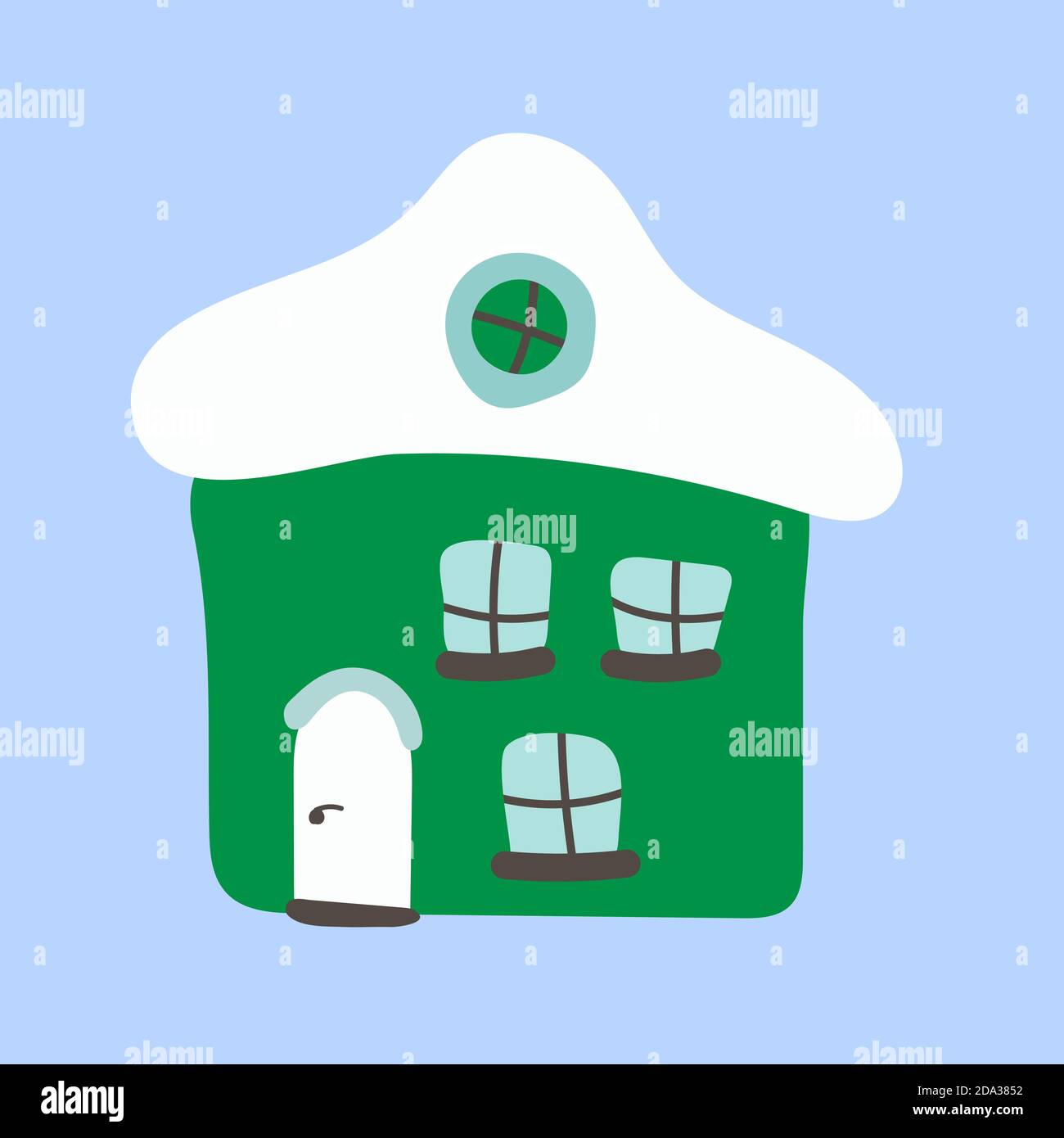 Christmas cartoon green house with snow on the roof and blue windows. Vector flat illustration isolated on blue background. Stock Vector