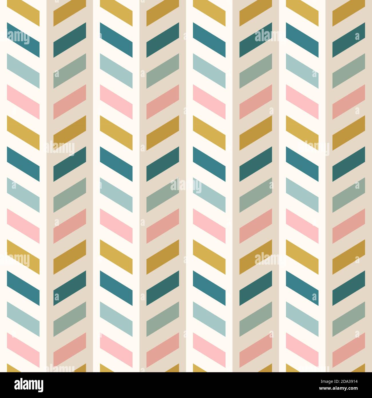 Fashion abstract geometric chevron pattern. Seamless vector background. Teal, mint, pink, mustard yellow retro mid century colors. Fashion fabric or w Stock Vector