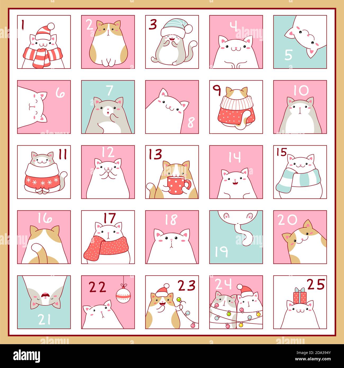 Square background with Christmas advent calendar with cute cartoon cats.  Set of winter holiday xmas tags with numbers. Vector EPS8 Stock Vector  Image & Art - Alamy