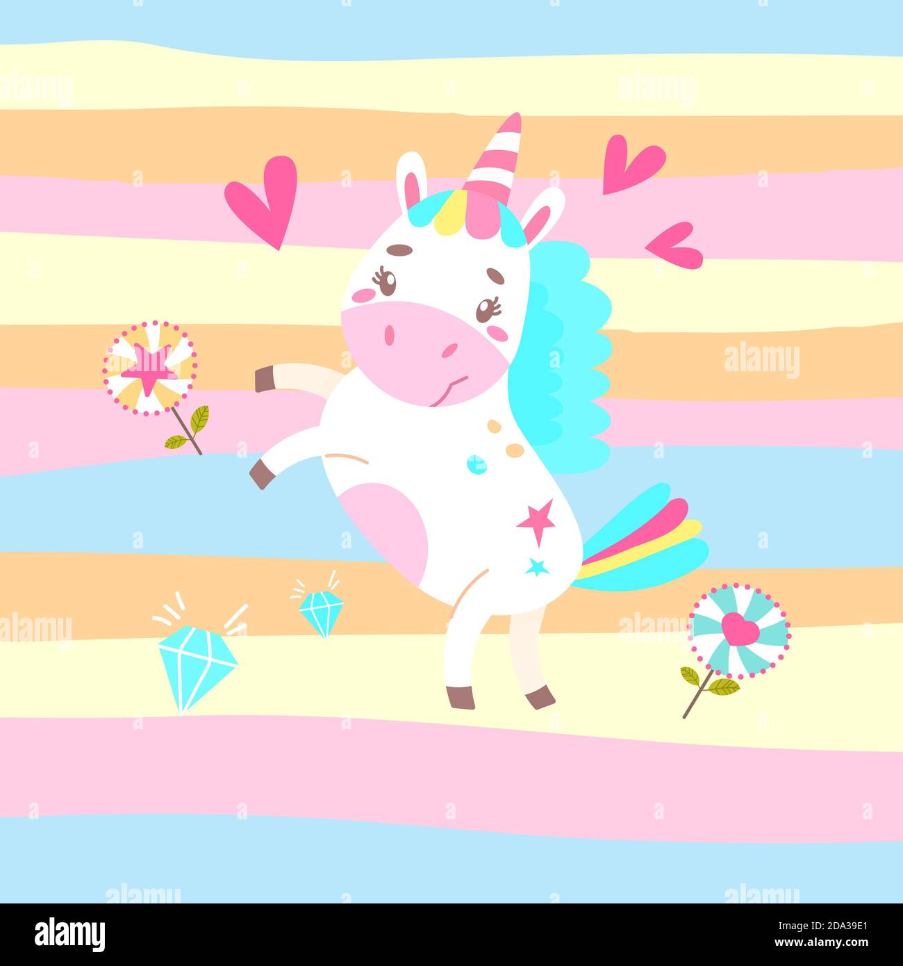Rainbow unicorn surrounded by flowers. heart, brilliant. Simple illustration on a striped background. Can be used as a design for office supplies, pri Stock Photo