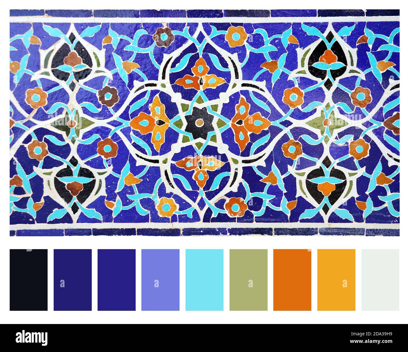 Color matching palette with complimentary colour swatches. Detail of traditional persian mosaic wall with floral ornament in Masjid-e Jameh Mosque, Is Stock Photo