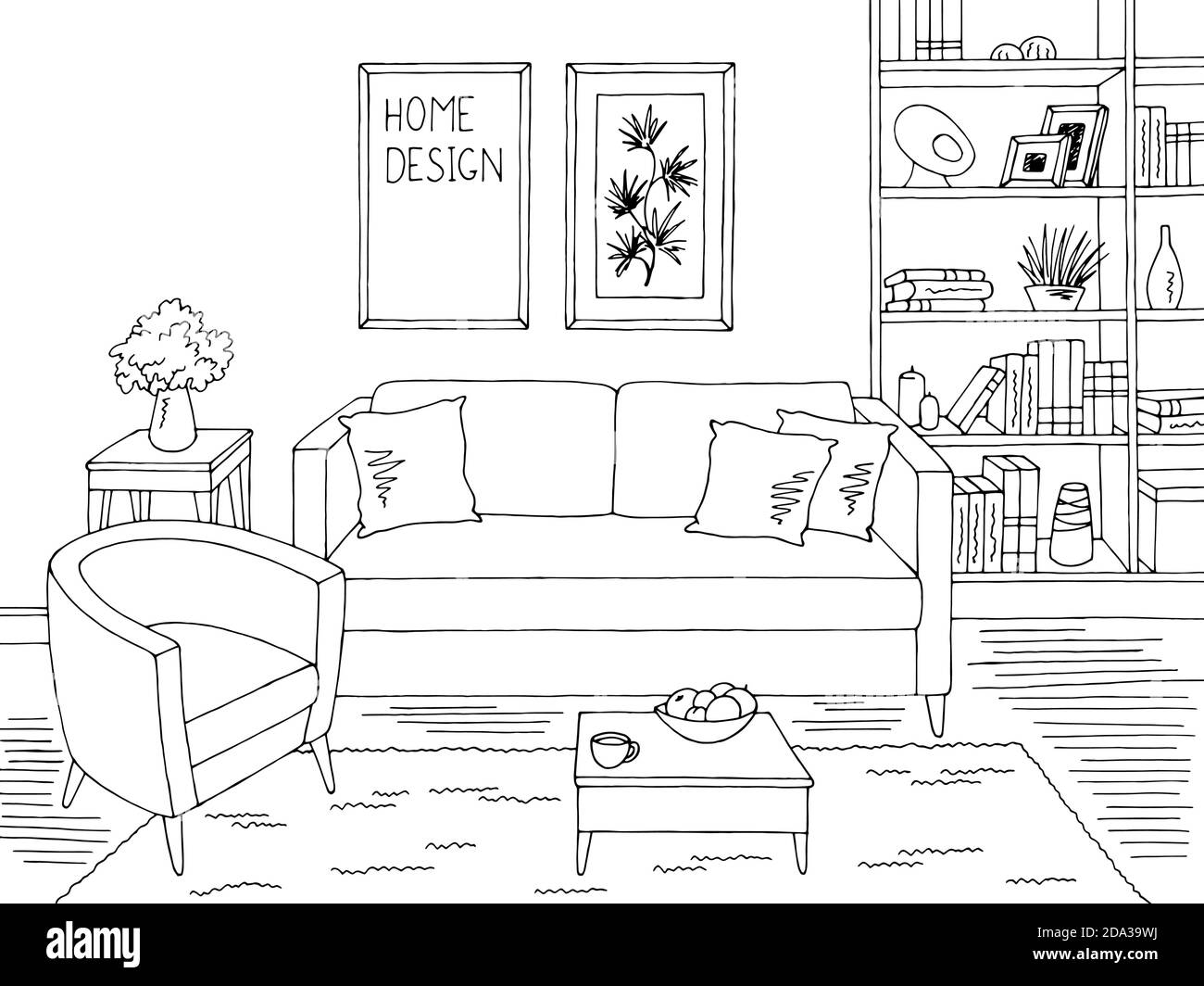 Living room graphic black white home interior sketch illustration vector  Stock Vector Image & Art - Alamy