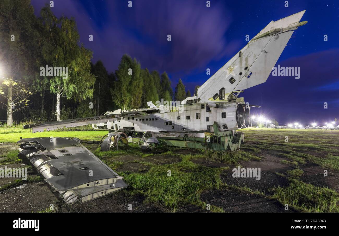 Abandoned Russian military aircraft on the runway of an airbase Stock Photo