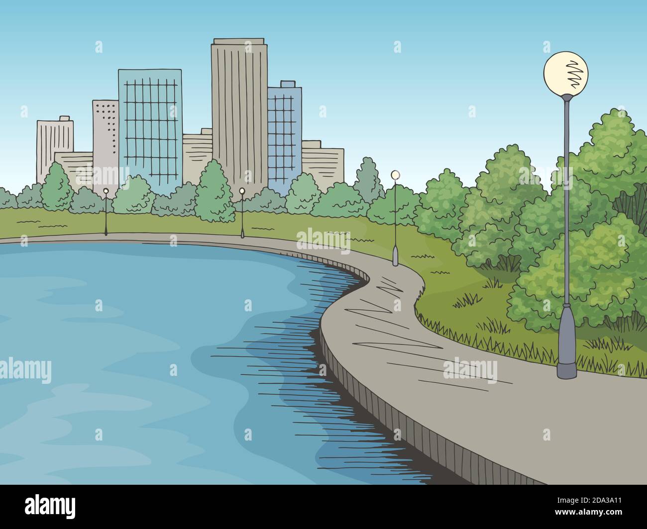 Park lake graphic color city landscape sketch illustration vector Stock Vector