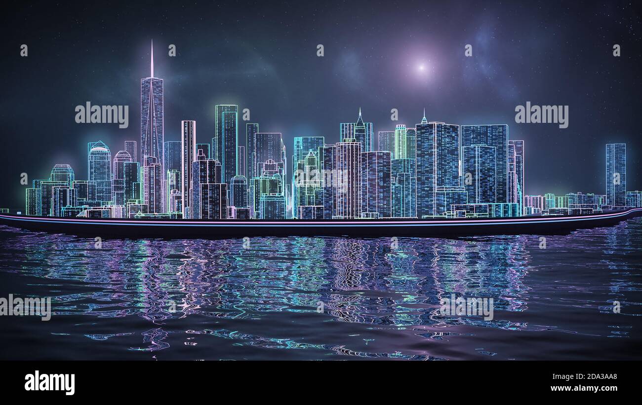 Retrowave or synthwave New York city Manhattan skyline 3D rendering