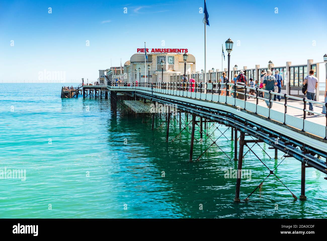 seaside landscape with blue sky on a summers days with Worthing Pier Stock Photo