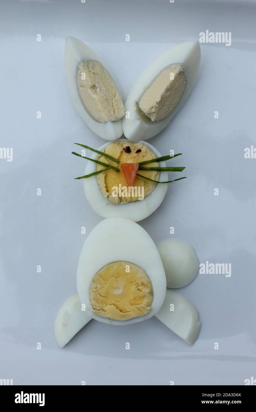 Hard boiled egg arranged to look like a bunny rabbit Stock Photo Alamy