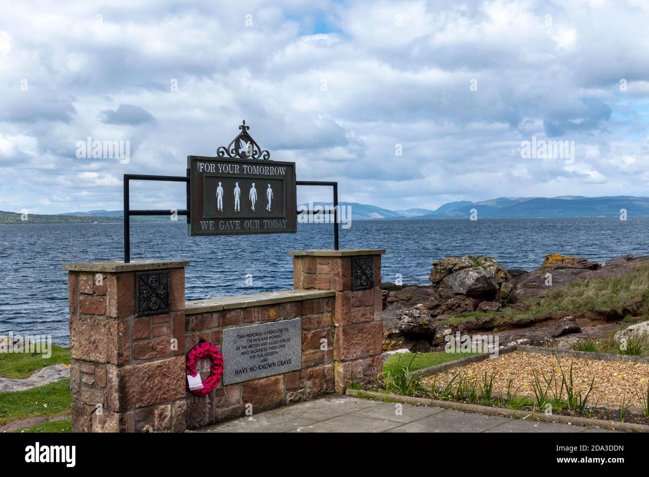 War Memorial for the missing in the Second World War on the west coast of Isle of Great Cumbrae, Strathclyde, Scotland, UK Stock Photo