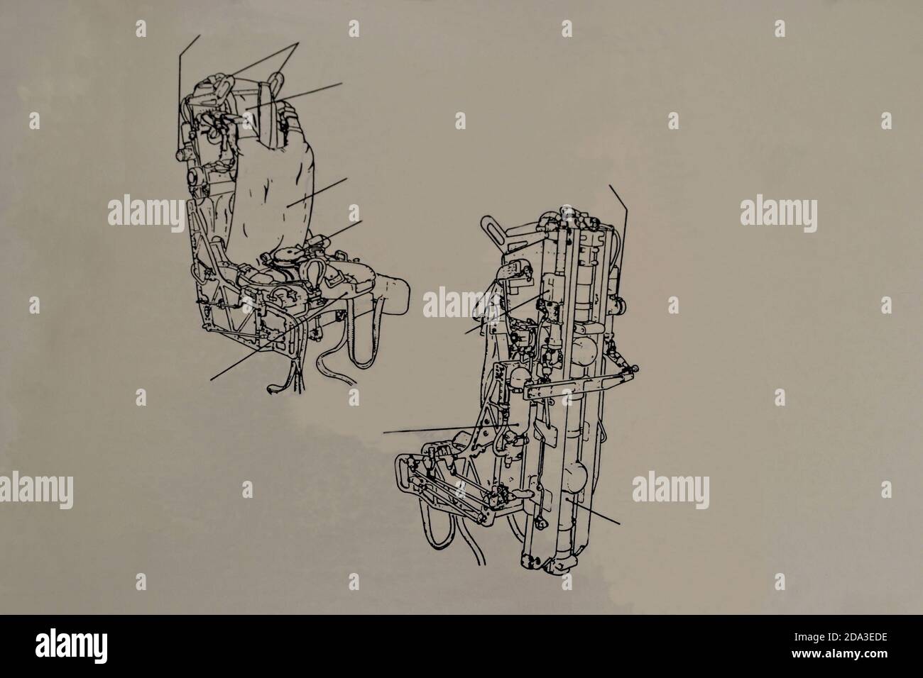 Ejection seat of military aircraft in drawing on sheet of paper, hand drawn, in side, rear and front view Stock Photo